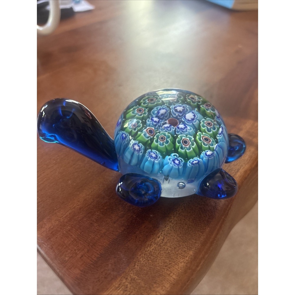 Vintage Murano Millefiori Style Blue Turtle Figure Paperweight  5" Gorgeous